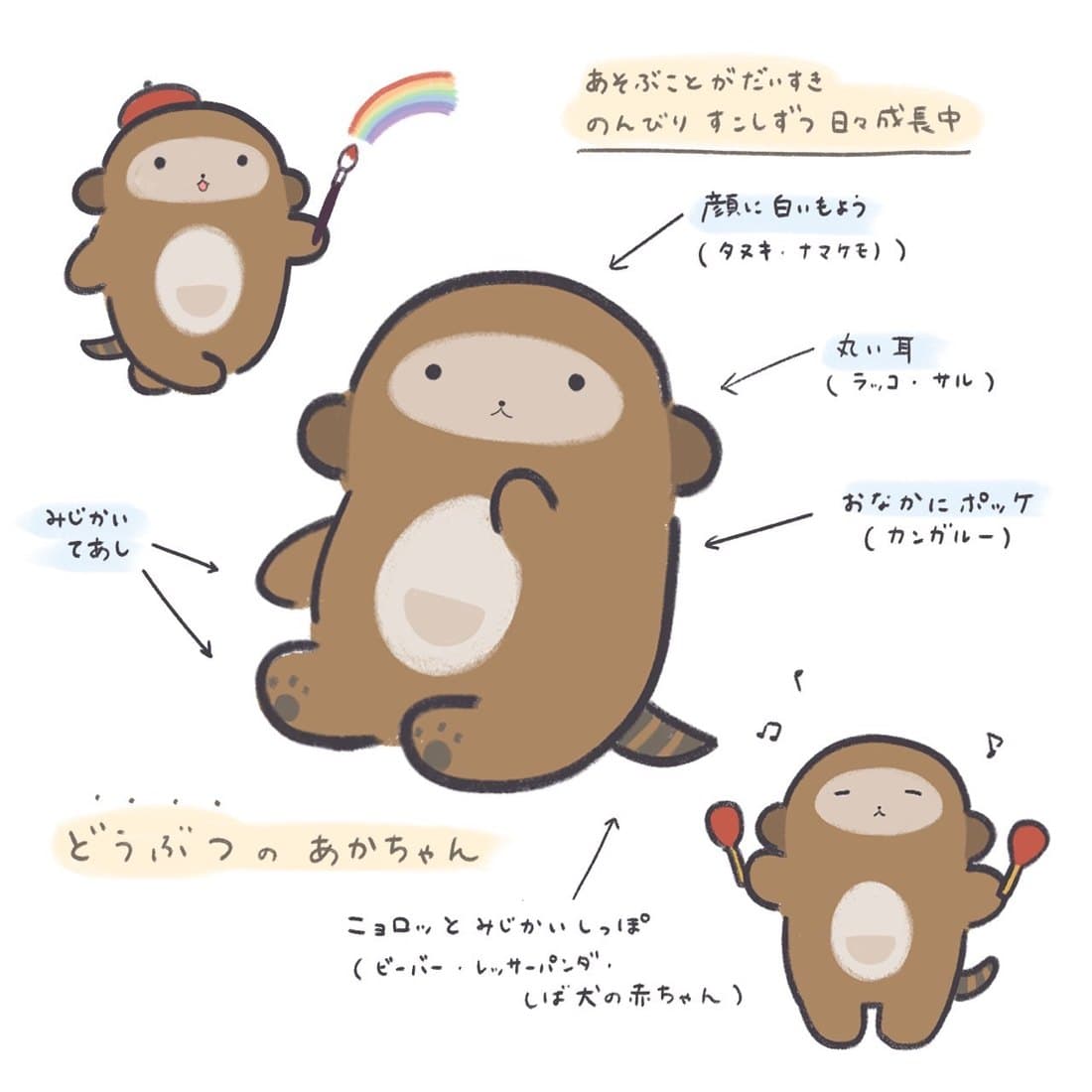 ポコちゃんの設定画。とくちょうの書き込みが入ったデザイン画